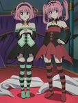  2girls bare_shoulders brooch capelet carpet detached_sleeves dress female hair_ribbon hairband hand_on_hip hands_clasped hands_together happy hips indoors inside jewelry long_hair mantle momo_velia_deviluke multiple_girls nana_asta_deviluke pink_hair purple_eyes ribbon serious shoes short_hair short_twintails siblings sisters smile standing strapless strapless_dress striped striped_legwear striped_thighhighs tail thighhighs to_love-ru toloveru twins twintails 
