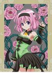  arm_up armpits bare_shoulders brooch detached_sleeves dress fang flower hairband happy jewelry momo_velia_deviluke pink_hair purple_eyes short_hair short_twintails smile standing strapless strapless_dress tail to_love-ru toloveru twintails vine vines 