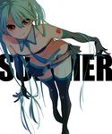  aqua_hair bad_id bad_pixiv_id collar elbow_gloves gloves hatsune_miku leaning_forward long_hair necktie omucchan_(omutyuan) red_eyes simple_background skirt smile solo thighhighs very_long_hair vocaloid 