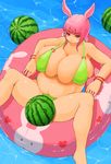  1girl :3 animal_ears bikini blush breasts bunny_ears bunny_girl bursting_breasts fat floating food fruit hick_thighs hime_cut huge_breasts innertube lionel_nakamura long_hair original pink_eyes pink_hair solo spread_legs swimsuit thick_thighs thighs water watermelon 