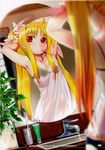  adjusting_hair ahoge armpits arms_up bathroom black_bra black_panties blonde_hair blurry bow bra breasts brushing_teeth camisole depth_of_field dutch_angle fate_testarossa hair_bow highres lingerie long_hair lyrical_nanoha mahou_shoujo_lyrical_nanoha mikazuki_akira! mirror mouth_hold panties plant potted_plant red_eyes reflection see-through sink small_breasts solo standing toothbrush toothpaste twintails underwear very_long_hair water 