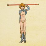  alphabet animal_ears bad_id bad_pixiv_id bikini_top blue_eyes brown_hair genderswap genderswap_(mtf) journey_to_the_west midriff monkey_ears monkey_tail navel panties polearm short_hair solo staff sun_wukong tail underwear weapon yuuhei 