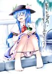  barefoot blue_hair blush bow closed_eyes coffee commentary food fruit hat highres hinanawi_tenshi leaf long_hair open_mouth panties panty_pull peach short_sleeves smile solo touhou translated tsubasa_(abchipika) underwear very_long_hair 