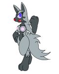  abstract_background anthro black breasts canine digitigrade fangs female fur gb_of_bs grey grey_fur hyena looking_at_viewer mammal nintendo nipples plain_background pok&#233;mon pok&#233;morph pok&eacute;mon poochyena purple_eyes purple_sclera simple_background solo tail thighs video_games white_background 