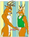  antlers balls bottomless bow_tie brown_eyes cervine clothed clothing comparing comparison deer gay half-dressed horn male mammal muscles penis tim_o'rourke tor vest 