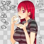  :t breasts character_name checkered checkered_background chibi chibi_inset dated eating egg food large_breasts long_hair mori_hikiko open_mouth original partially_translated red_eyes red_hair shirt solo striped striped_shirt sweatdrop teriyaki translation_request 