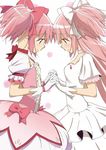 choker dress dual_persona face-to-face gem gloves hair_ribbon hands holding_hands interlocked_fingers kaname_madoka magical_girl mahou_shoujo_madoka_magica multiple_girls pink_eyes pink_hair ribbon short_twintails skirt smile third-party_edit twintails two_side_up ultimate_madoka white_dress yellow_eyes 