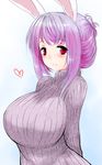  animal_ears arms_behind_back blush breasts bunny_ears hair_bun han_(jackpot) heart huge_breasts purple_hair red_eyes reisen_udongein_inaba smile solo sweater touhou upper_body 