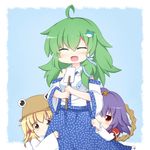  ahoge bad_id bad_pixiv_id blonde_hair blush child cling closed_eyes detached_sleeves frog fuuen_(akagaminanoka) gohei green_hair hair_ornament hair_ribbon hat hiding kochiya_sanae moriya_suwako multiple_girls open_mouth purple_hair red_eyes ribbon rope shimenawa shirt skirt skirt_grab skirt_set smile snake touhou yasaka_kanako yellow_eyes 