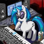  blue_button blue_hair cutie_mark equine eyewear female feral friendship_is_magic hair hasbro horn horse john_joseco keyboard long_hair mammal mixer monitors multi-colored_hair musical_instrument my_little_pony pony ponybucks short_hair solo speaker sunglasses two_tone_hair unicorn vinyl_scratch_(mlp) white_body 