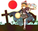  bad_id bad_pixiv_id blonde_hair bow_(instrument) brown_eyes cape crescent cross graveyard hat highres instrument itomugi-kun kneehighs lunasa_prismriver mary_janes one_eye_closed red_sun shoes skirt solo tombstone touhou violin white_legwear yellow_eyes 