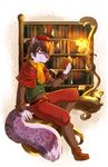  books candle chair feline fur hat kolos kubikitsune latithelombax leopard male mammal plain_background purple purple_fur shoes sitting solo white_background 