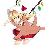  ascot blonde_hair bow chipa_(arutana) dress face flandre_scarlet foreshortening grin hair_bow hands hat outstretched_hand reaching red_eyes short_hair side_ponytail smile solo touhou transparent_background wings 