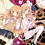  black_legwear blue_eyes bow cellphone circlet clock flower gears hair_bow hair_flower hair_ornament hara_yui key lace lace-trimmed_thighhighs multiple_girls orange_hair original phone ribbon school_uniform thighhighs yellow_eyes zettai_ryouiki 