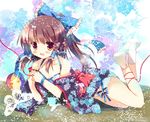  alternate_color alternate_costume azumi_kazuki bare_legs bare_shoulders blue blush brown_eyes brown_hair bug butterfly hakurei_reimu insect japanese_clothes kimono lying off_shoulder ponytail red_string socks solo string tabi touhou 