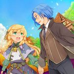  1girl blonde_hair blue_hair c_kihara day glasses green_eyes holding_hands house jacket jewelry kyto_berman necklace necktie noora_brandor noora_to_toki_no_koubou shawl sky tree vest vial 