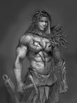  absurdres bandana black_hair capeldonya chest_tattoo dissidia_final_fantasy final_fantasy final_fantasy_x greyscale highres jecht male_focus monochrome muscle realistic shirtless single_bare_arm sketch smile solo tattoo 