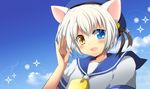  1boy animal_ears blue_eyes blush cat_ears fang hat heterochromia kamiyoshi male male_focus open_mouth original outdoors sailor sailor_suit school_uniform sky smile solo thoto trap white_hair yellow_eyes 