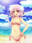  bad_id bad_pixiv_id bandages beach bikini blush bun_cover cloud day double_bun hand_on_hip highres ibaraki_kasen lens_flare navel ocean open_mouth outdoors pink_hair pointing polka_dot polka_dot_bikini polka_dot_swimsuit red_eyes shinekalta sky solo swimsuit touhou water 