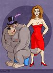  abstract_background blush breasts canine disney dress dumptruck duo ear_piercing eye_contact female grin hat human looking_at_each_other male mammal nipples nude overweight piercing purple_background rthur shy sitting talespin wolf 