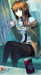  can crossed_legs cup_ramen dr_pepper eating food fork fura jacket legwear_under_shorts long_hair makise_kurisu noodles pantyhose shorts sitting solo steins;gate 