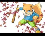  baseball_bat blue_eyes conker leaf letterboxed male_focus maple_leaf shorts simple_background smile solo sweater 