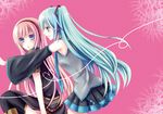  blue_eyes blue_hair blush detached_sleeves hatsune_miku headphones heart heart_of_string long_hair megurine_luka mizuno_yun multiple_girls necktie pink_hair skirt smile thighhighs twintails very_long_hair vocaloid 