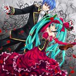  1girl aqua_eyes aqua_hair bad_id bad_pixiv_id bare_shoulders blue_eyes blue_hair cantarella_(vocaloid) corset dress elbow_gloves flower formal gloves hair_flower hair_ornament hair_ribbon hatsune_miku highres instrument kaito keikotsu long_hair petals red_dress red_flower red_rose ribbon rose strapless strapless_dress twintails very_long_hair violin vocaloid 