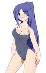  bad_id bad_pixiv_id blue_hair breasts cleavage glasses highleg highleg_swimsuit highres kaz_(shade) large_breasts long_hair one-piece_swimsuit original ponytail red_eyes school_swimsuit simple_background solo swimsuit 