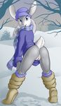  anus blue_eyes bottomless brian_mcpherson clothed clothing cool_colors female lagomorph looking_at_viewer looking_back mammal plump_labia presenting pussy rabbit skimpy snow solo 
