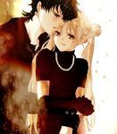  1girl androgynous bishoujo_senshi_sailor_moon black_gloves black_hair blonde_hair casual couple earrings elbow_gloves fragrant_olive gloves hair_bun hair_ornament hairclip hetero holding_hands hug hug_from_behind jewelry lips long_hair looking_at_viewer necklace necktie profile red_eyes seiya_kou shirt short_hair short_sleeves source_request tsukino_usagi turtleneck twintails 