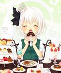  ahoge blush cake cherry chocolate_mint_ice_cream chocolate_syrup closed_eyes cone_holder crown cup dessert double_scoop doughnut eating food fork fruit hairband happy highres ice_cream ice_cream_cone knife konpaku_youmu macaron mini_crown mont_blanc_(food) napkin open_mouth parfait plate pudding purin_jiisan short_hair silver_hair sitting slice_of_cake solo sprinkles strawberry strawberry_shortcake table teacup tiered_tray touhou upper_body wafer 