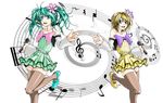  aqua_eyes aqua_hair bare_shoulders blonde_hair blue_eyes cheerful_candy_(module) colorful_drop_(module) colorful_x_melody_(vocaloid) detached_sleeves dress flower hair_flower hair_ornament hatsune_miku kagamine_rin kyo9999 leg_lift microphone multiple_girls musical_note open_mouth pointing project_diva_(series) project_diva_2nd simple_background staff_(music) strapless strapless_dress striped striped_dress thighhighs twintails vocaloid 
