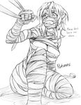  amumu artist_request bandages breasts bursting_breasts covered_nipples english genderswap genderswap_(mtf) greyscale league_of_legends medium_breasts monochrome mummy short_hair solo tears 