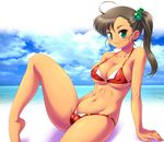  arm_support barefoot bikini blush breasts brown_hair cameltoe cleavage covered_nipples green_eyes large_breasts long_hair looking_at_viewer navel original shiny shiny_skin side_ponytail sitting skindentation smile solo strap_gap swimsuit tanuki_yousuke underboob 