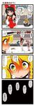  4koma ascot bat_wings black_dress blonde_hair blood blood_on_face bow braid brown_hair comic crowd dei_shirou detached_sleeves dress grey_eyes hair_bow hair_ribbon hair_tubes hakurei_reimu hands_on_hips hat highres kirisame_marisa multiple_girls open_mouth purple_hair red_eyes remilia_scarlet ribbon sitting standing thighhighs touhou translated wings witch_hat 