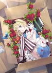  alice_(wonderland) alice_in_wonderland blonde_hair blue_eyes book box bug bunny butterfly card cardboard_box flower in_box in_container insect lying_card mary_janes minakami_kaori red_flower red_rose rose shoes short_hair solo striped striped_legwear thighhighs vertical-striped_legwear vertical_stripes zettai_ryouiki 