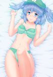  arms_up bad_anatomy blue_eyes blue_hair blush bow bow_bra bra cucumber floral_print green_bra green_panties hair_bobbles hair_ornament hat kawashiro_nitori lingerie lying midriff nazal on_back panties smile solo touhou two_side_up underwear underwear_only 