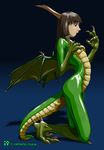  bent_legs breasts brown_hair butt clothing dragon female green_body hair holding horn human kemono_inukai kneeling latex looking mammal nude rubber scalie shadow side_boob signature slaws slim solo transformation wings 