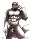  abs anthro balls black_and_white crocodile fangs flaccid front greyscale looking_away male monochrome muscles pecs penis plain_background pose reptile rthur scalie solo white_background 
