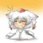  =_= all_fours animal_ears bad_id bad_pixiv_id blush chibi detached_sleeves drooling hat inubashiri_momiji long_sleeves open_mouth rebecca_(keinelove) shirt short_hair silver_hair skirt solo sweat tail tokin_hat touhou wavy_mouth wolf_ears wolf_tail 