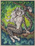  blue_eyes breasts feline female leopard looking_at_viewer mammal nipples nude sitting snow_leopard solo stephanie_lynn tree wood 