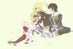  1girl black_hair blonde_hair blush boots food gloves hikyaku jude_mathis long_hair milla_maxwell red_eyes short_hair sitting tales_of_(series) tales_of_xillia 