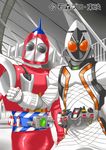  agatadaigo belt crossover kamen_rider kamen_rider_fourze kamen_rider_fourze_(series) multiple_boys rocket skyzel uchuu_tetsujin_kyoudain watermark 