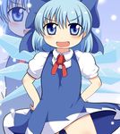  bad_id bad_pixiv_id blue_dress blue_eyes blue_hair blush bow cirno dress fang hair_bow hands_on_hips motsu_(selshia12) no_panties open_mouth smile solo touhou upskirt wings 