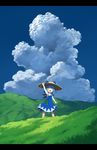  absurdres arm_up bag bamboo blue_dress blue_hair blue_sky bow butterfly_net cirno closed_eyes cloud day dress grass hair_bow hand_net hat highres hill letterboxed open_mouth outdoors sasaj shoulder_bag sky smile solo straw_hat touhou wings 