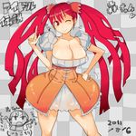  breasts checkered checkered_background chibi chibi_inset cleavage dated hand_on_hip index_finger_raised large_breasts long_hair maid mori_hikiko musical_note one_eye_closed original red_eyes red_hair teriyaki translation_request twintails 