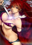  ao_no_exorcist breasts covered_nipples highres kazakami_yuu kirigakure_shura large_breasts lips long_hair looking_at_viewer off_shoulder open_fly parted_lips ponytail purple_eyes red_hair short_shorts shorts solo strap_slip sword unzipped weapon 