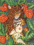  breasts curly_hair feline female flower hair leopard looking_at_viewer mammal necklace nipples solo stephanie_lynn topless warm_colors 