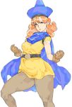  alena_(dq4) belt blue_eyes cape clenched_hands curly_hair dragon_quest dragon_quest_iv dress gloves hat kyuraa_(kyura9een) legs long_hair orange_hair pantyhose solo 